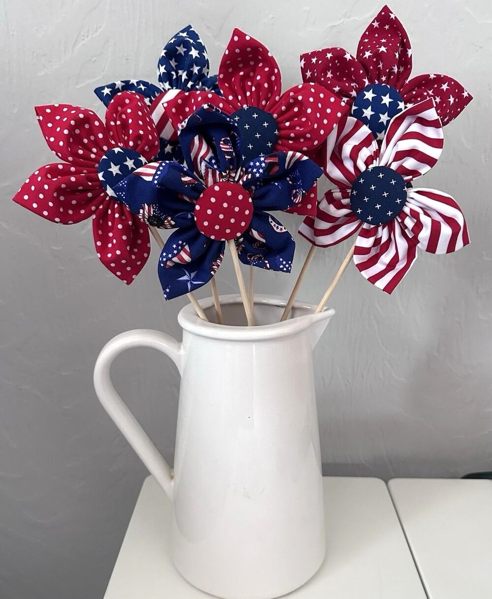 Set of 6 Patriotic Fabric Flower Spikes Decor Handmade Red White Blue